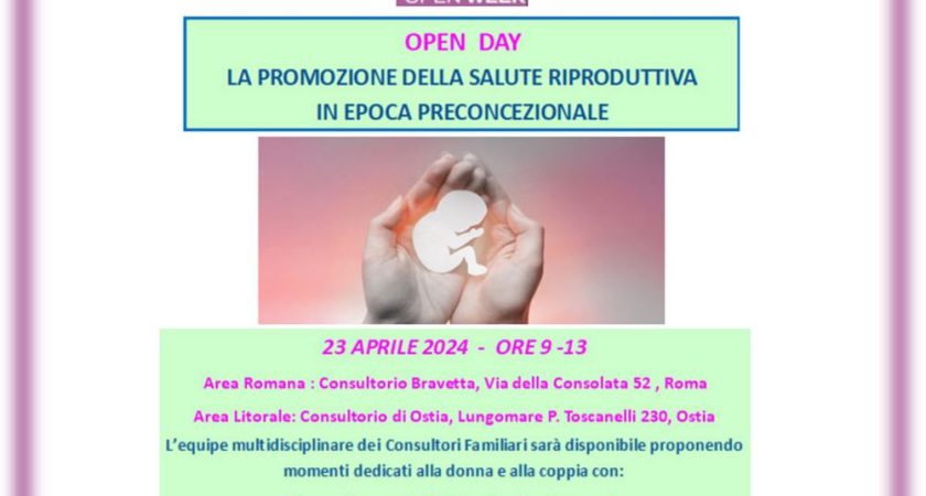 Open Week sulla Salute della Donna: Martedì 23 aprile dalle 9 alle 13,si svolgerà una giornata informativa sulle buone pratiche per la salute preconcezionale