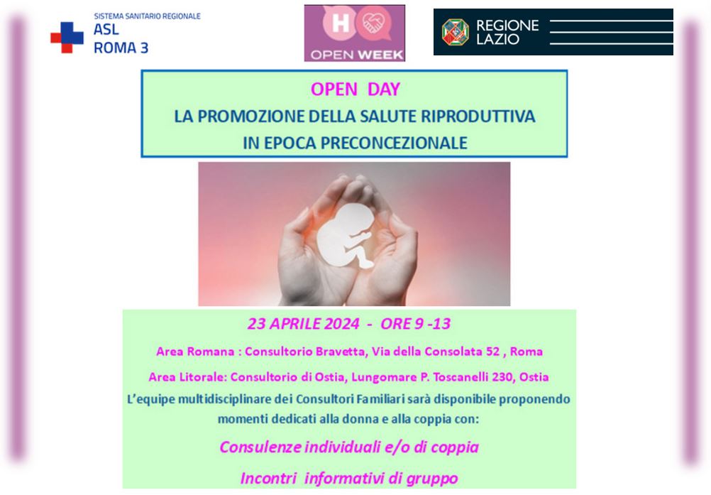 Open Week sulla Salute della Donna: Martedì 23 aprile dalle 9 alle 13,si svolgerà una giornata informativa sulle buone pratiche per la salute preconcezionale