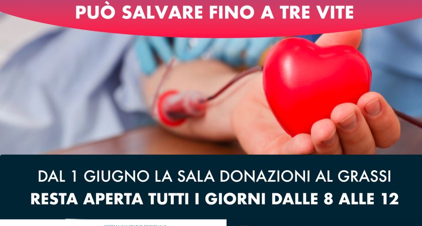 Dal 1 Giugno la Sala donazione sangue al Grassi aperta dalle 8 alle 12 tutti i giorni