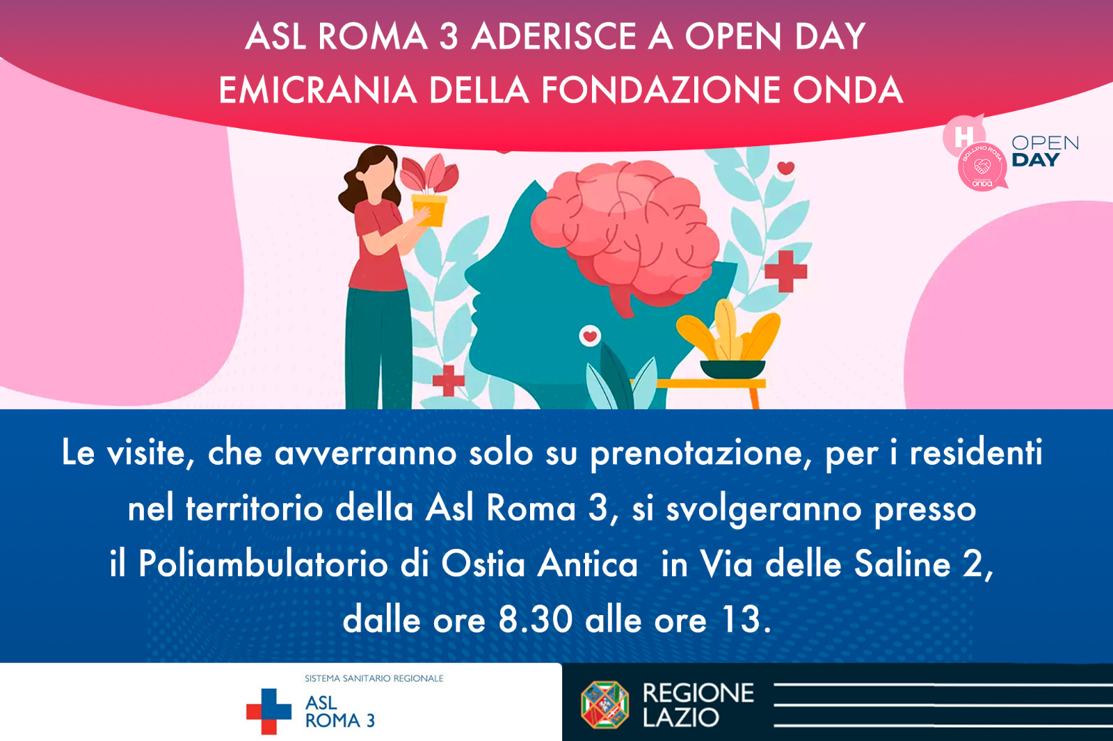 Asl Roma 3 aderisce a Open Day Emicrania della Fondazione Onda