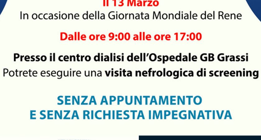 AL GRASSI IL 13/03 ‘PORTE APERTE IN NEFROLOGIA’ CON VISITA E SCREENING GRATUITI