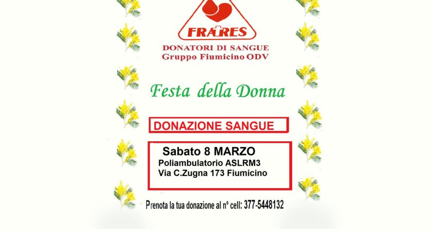 8 Marzo: Raccolta sangue al Poliambulatorio di Via Coni Zugna, 173 a Fiumicino