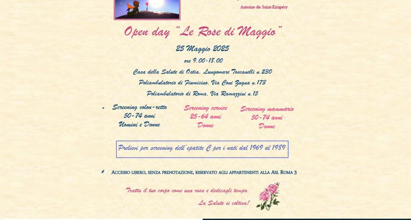 La ASL Roma 3 organizza per domenica 25 maggio la quinta edizione dell’Open Day “Le Rose di Maggio” dedicato alla prevenzione nella lotta ai tumori