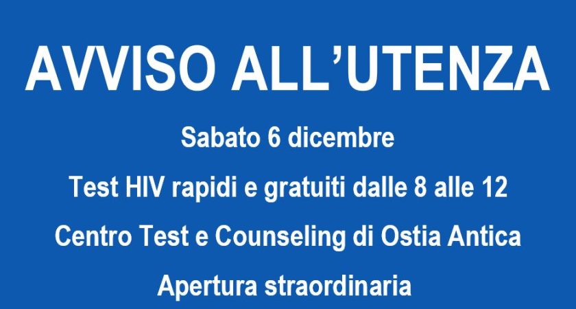 ASL Roma 3; Domani 6 dicembre test HIV rapidi e gratuiti al CTC di Ostia Antica