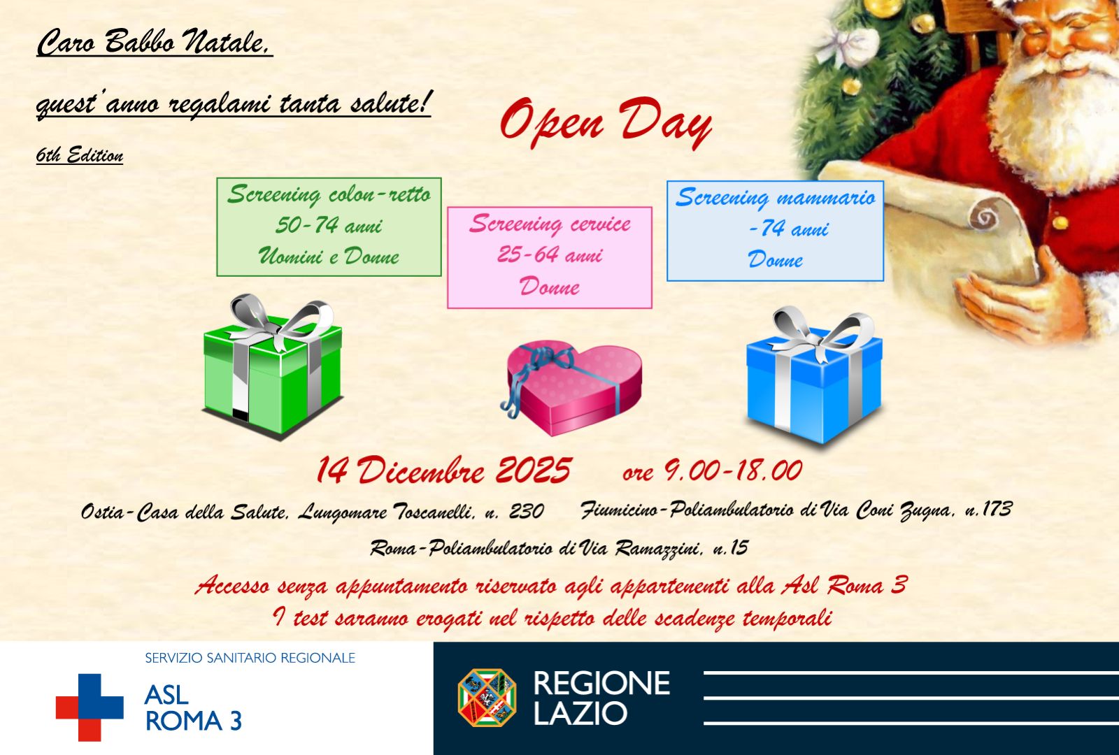 Domenica 14 dicembre “Caro Babbo Natale, quest’anno regalami tanta Salute …”, gli screening gratuiti di colon-retto, cervice uterina e mammario