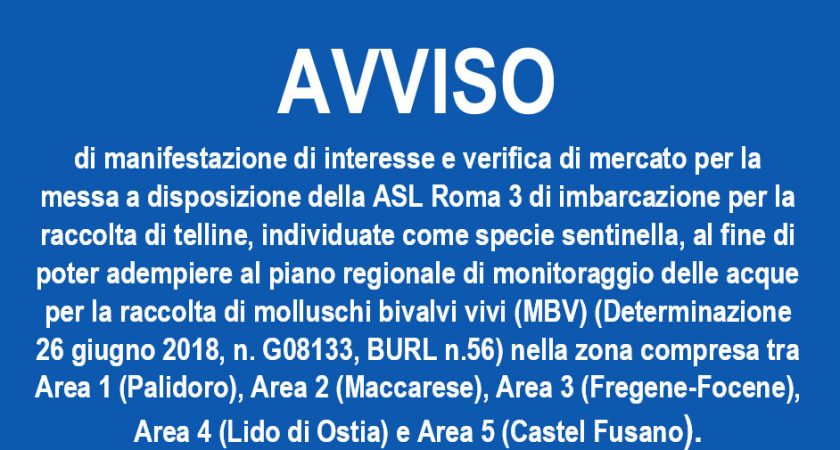 Manifestazione di interesse e verifica di mercato per la messa a disposizione della ASL Roma 3 di imbarcazione per la raccolta di telline, individuate come specie sentinella