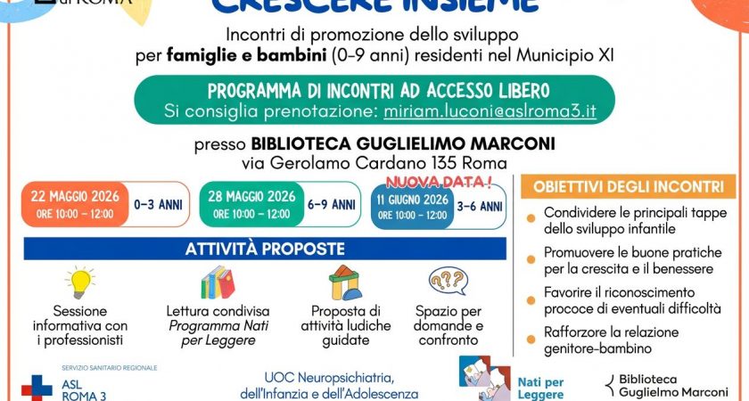 ASL Roma 3; Spostato a giovedì 11 giugno il secondo appuntamento del progetto Crescere Insieme