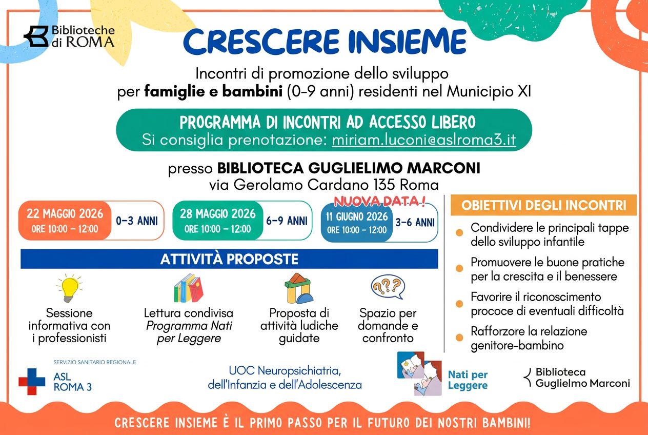 ASL Roma 3; Spostato a giovedì 11 giugno il secondo appuntamento del progetto Crescere Insieme