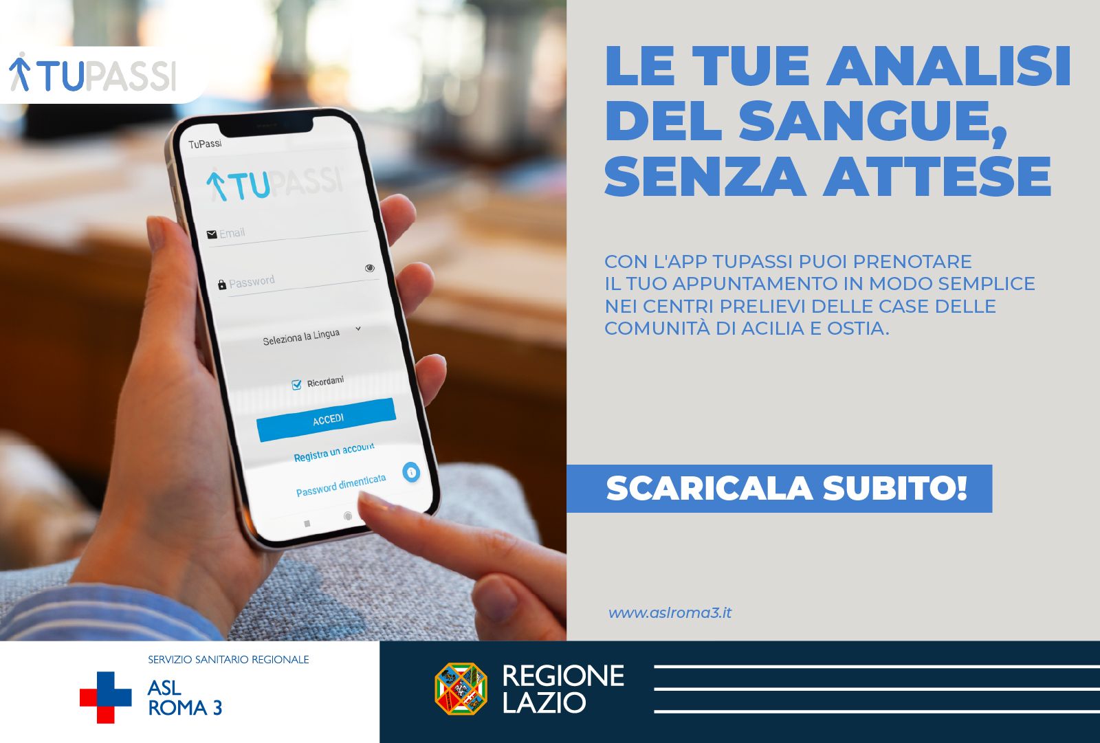 ASL Roma 3; Con l’app TUPASSI puoi prenotare le analisi del sangue nelle Case della Comunità di Acilia e Ostia