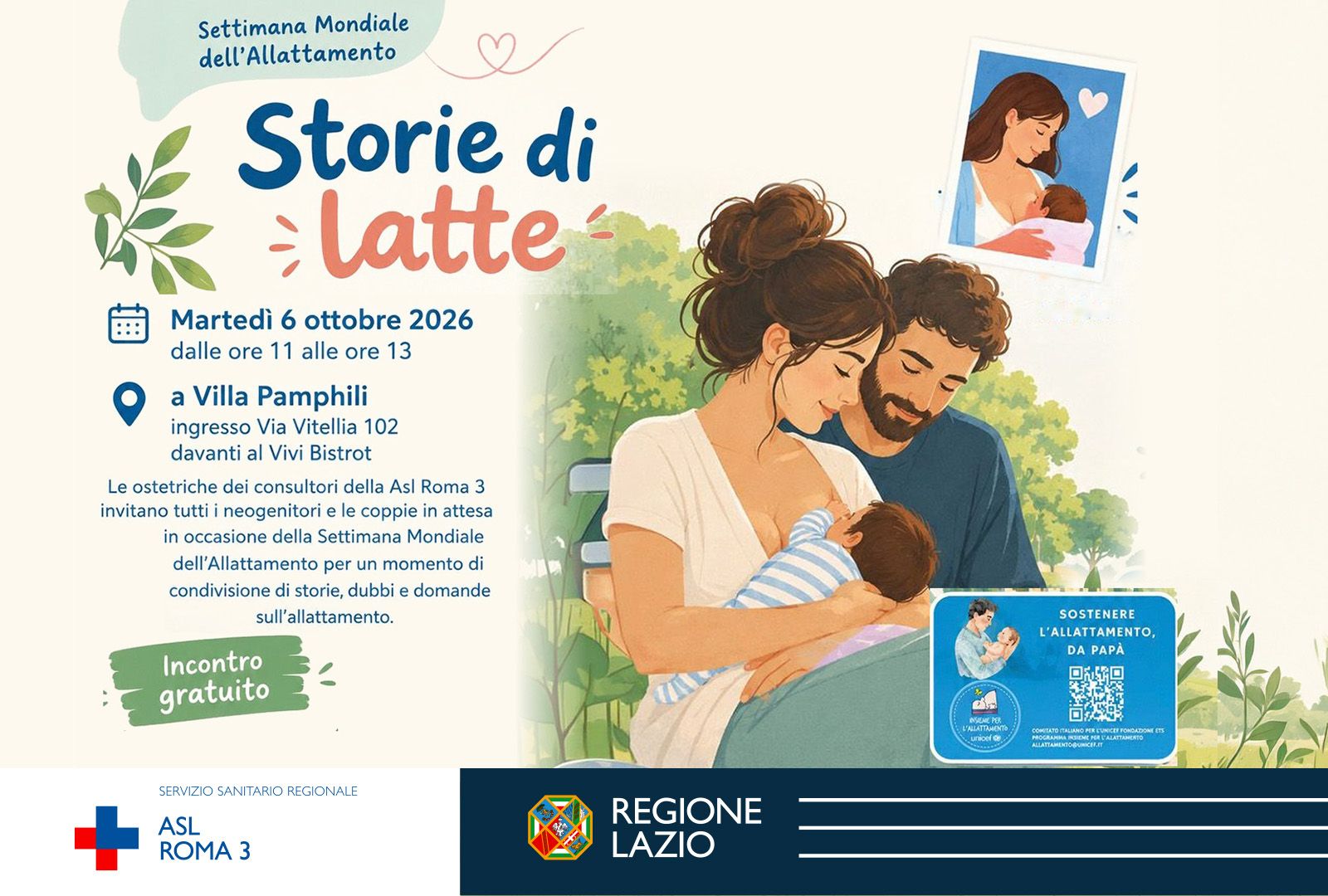 Settimana Mondiale dell’Allattamento, il 6 ottobre appuntamento con le ostetriche della ASL Roma 3 a Villa Pamphili