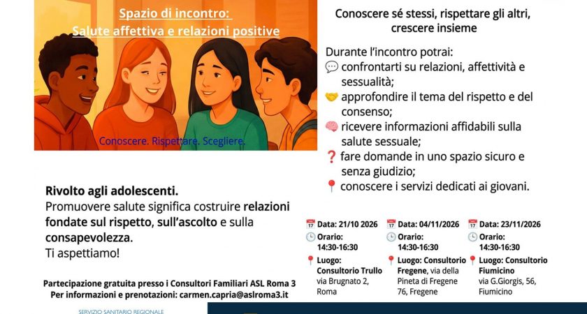 ASL Roma 3 – Salute affettiva e  relazioni positive, tre incontri dedicati agli adolescenti