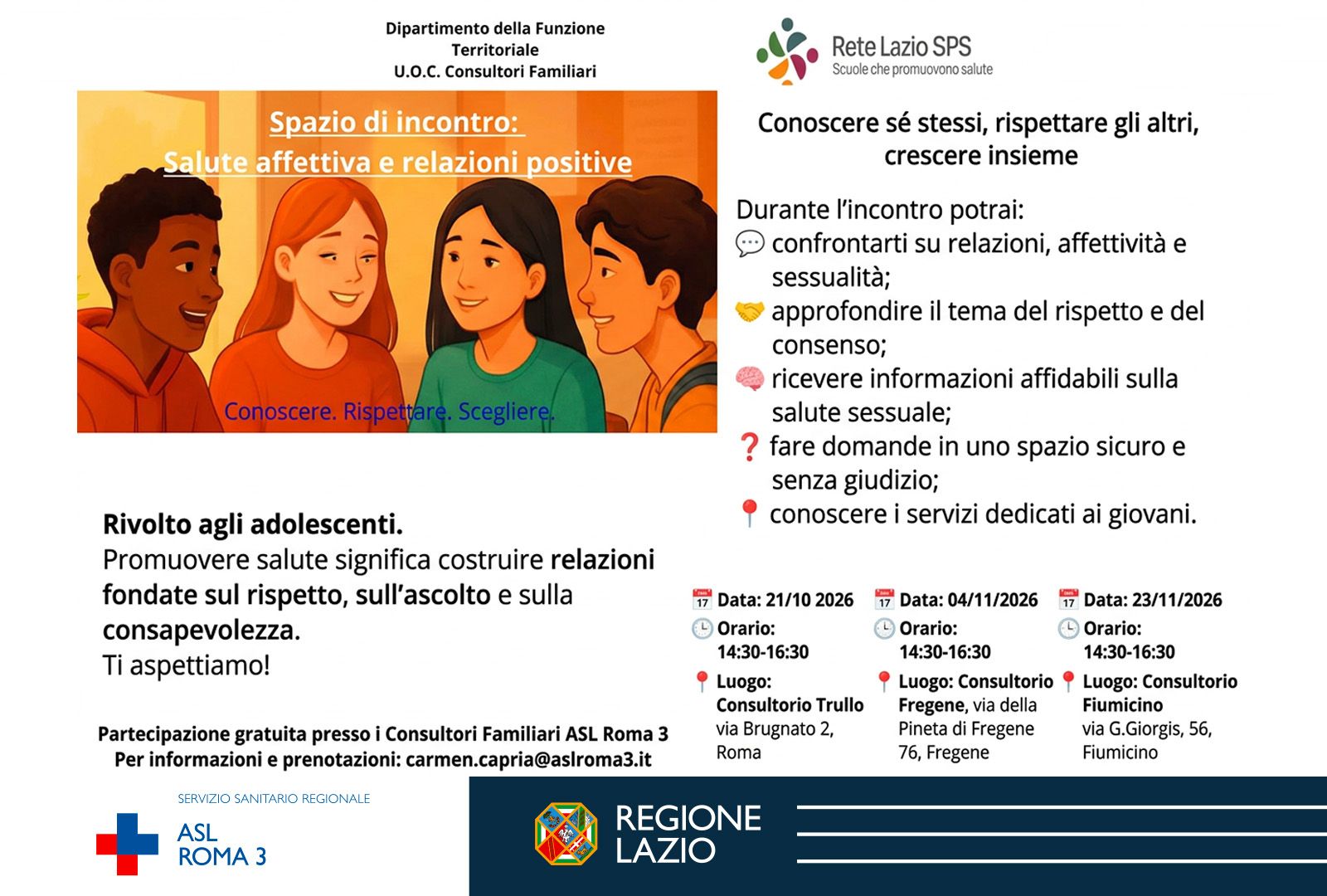ASL Roma 3 – Salute affettiva e  relazioni positive, tre incontri dedicati agli adolescenti